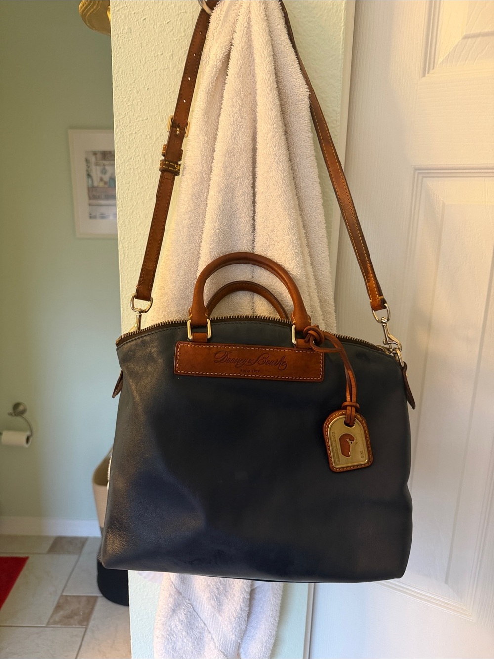 Dooney & Bourke Navy Leather Messenger Bag with Brown Trim